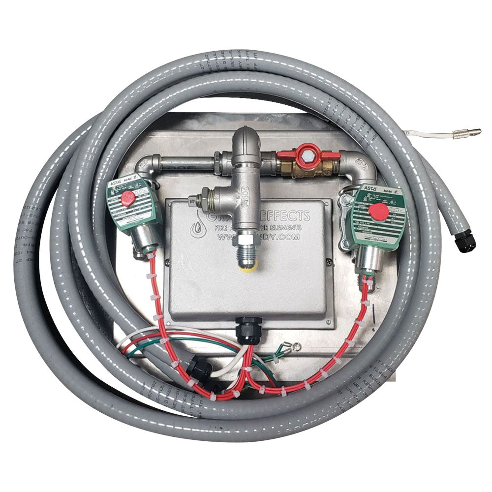 Gas fire pit burner ignition module with grey gas hoses and wiring harness