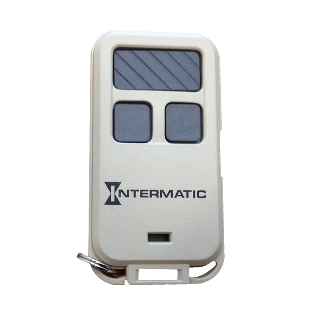 Handheld remote control with LCD window and dual buttons, INTERMATIC logo