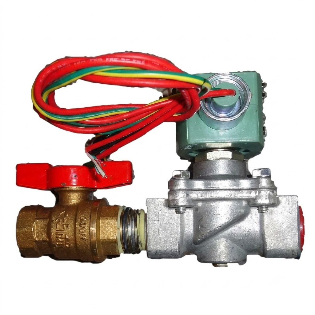 Propane safety adder valve with brass and silver body, green wiring terminal