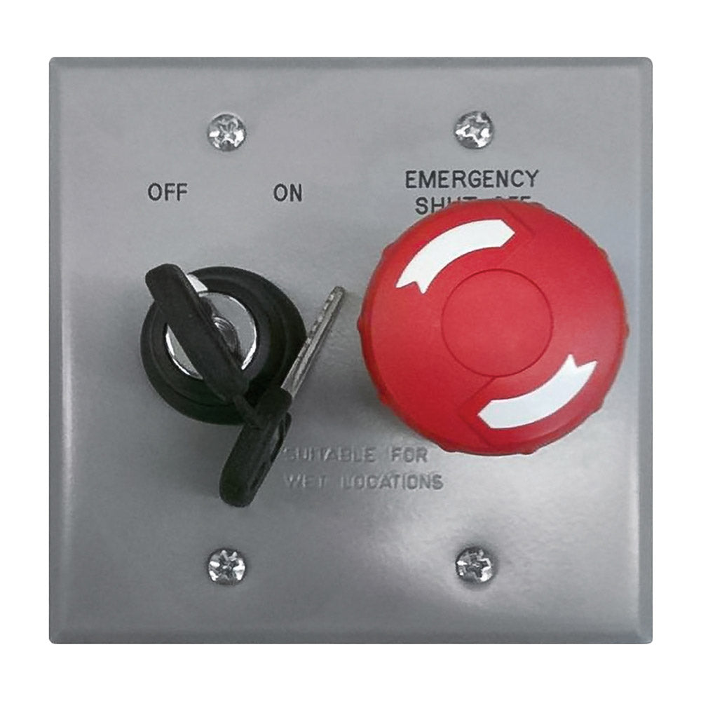 Emergency key switch panel with red emergency push button and OFF/ON labels