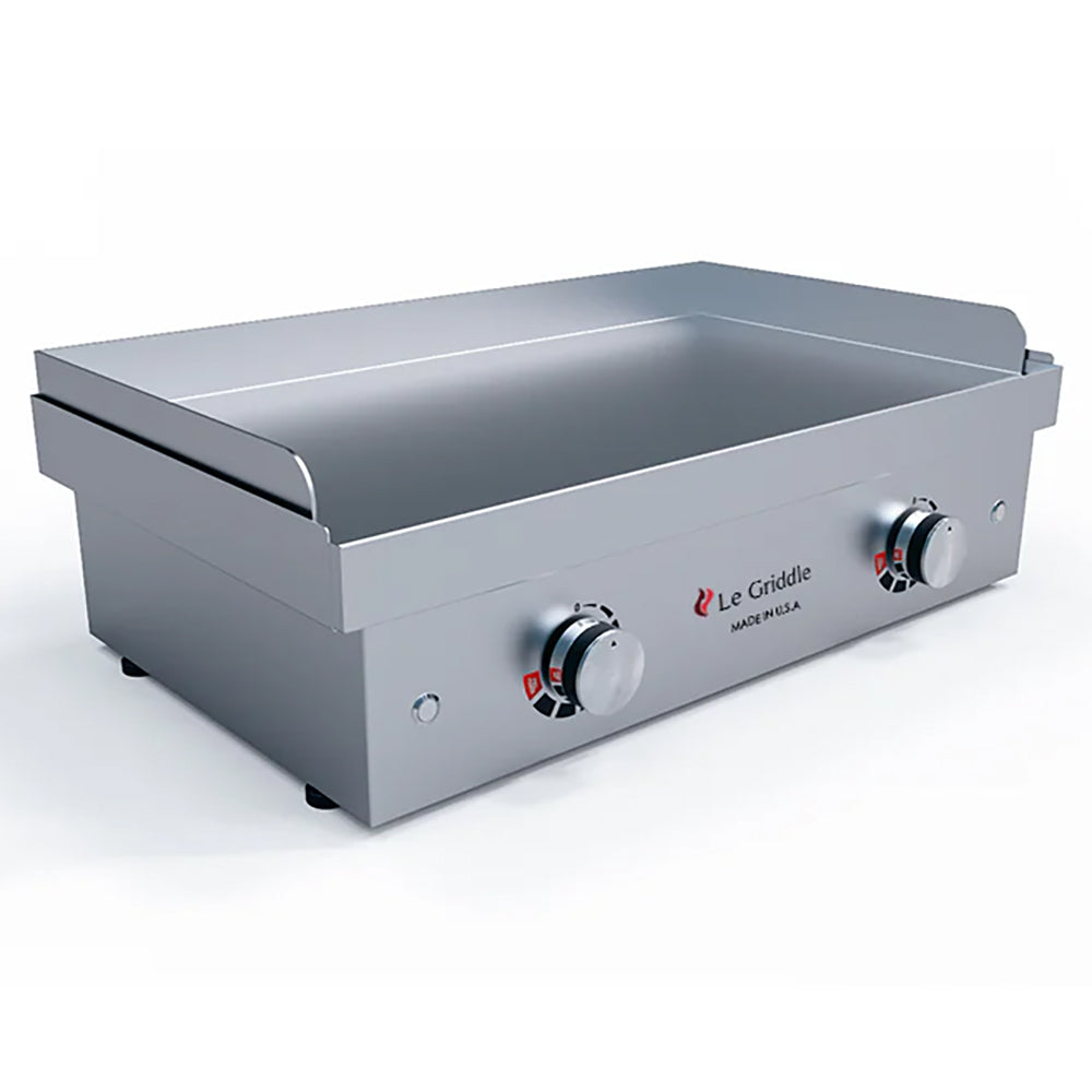 Built-in electric griddle with stainless steel body and two front temperature control knobs