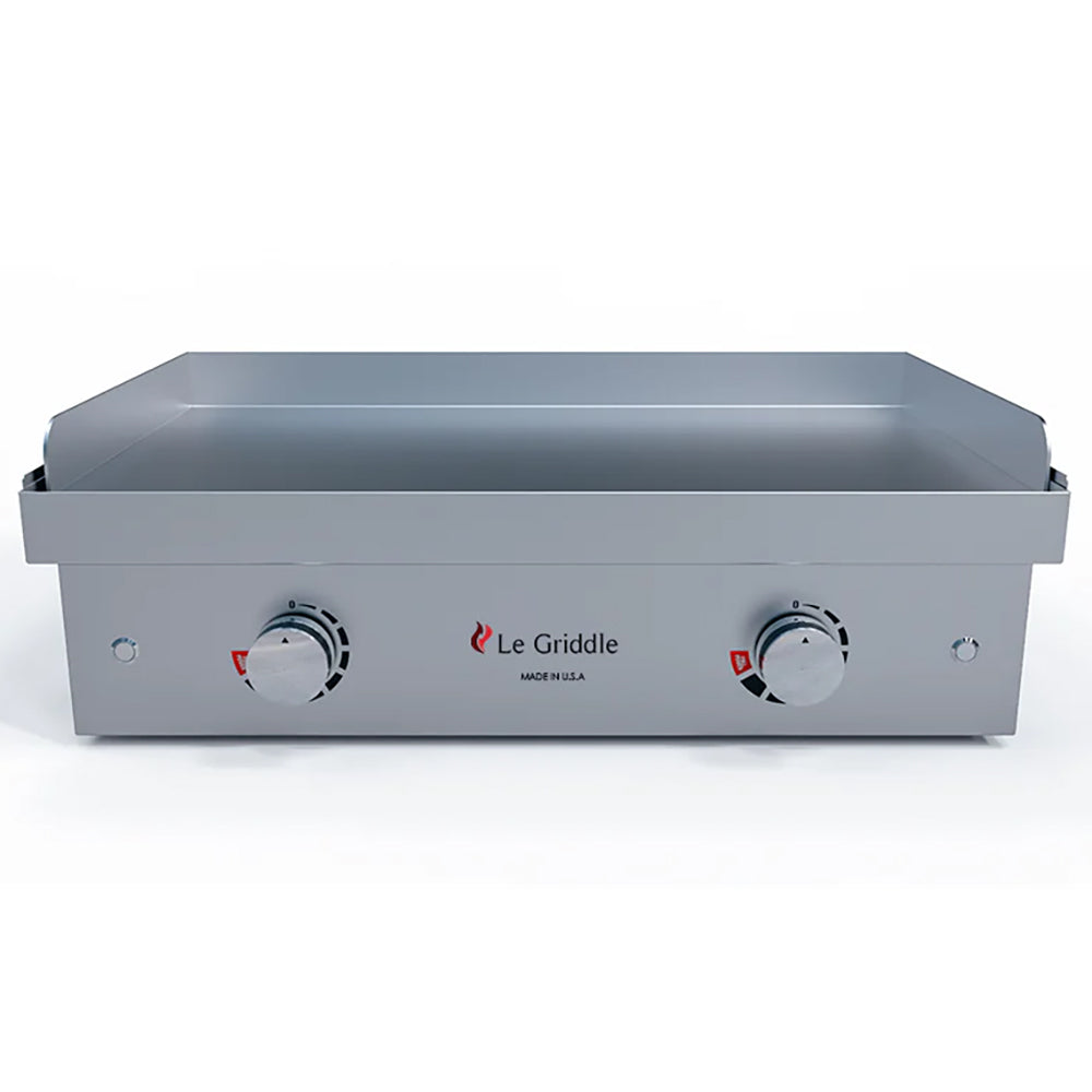 Built-in electric griddle front view with stainless steel housing and two rotary heat knobs