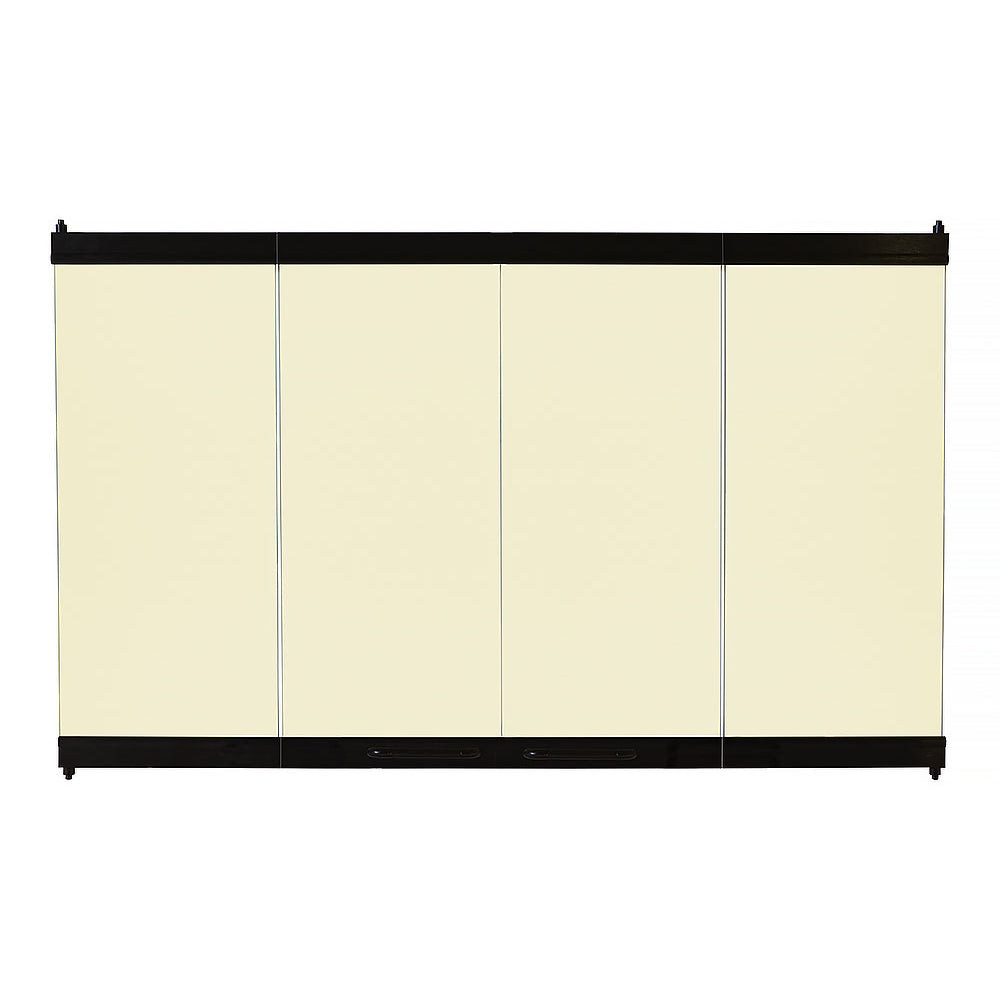 Tinted glass fireplace enclosure panels with black frame, four-pane design