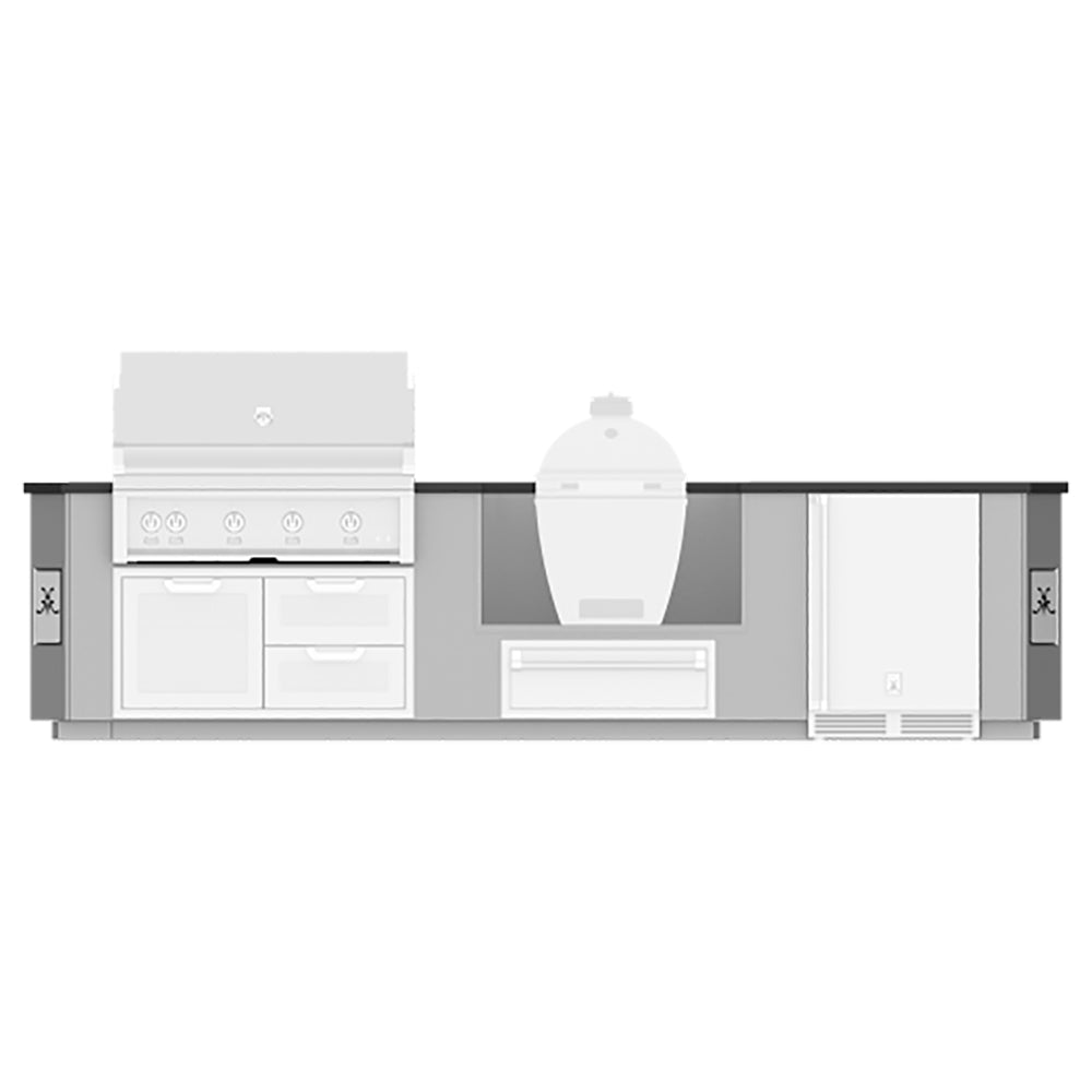 Outdoor grill island with stainless grill head, kamado cutout, storage cabinet and drawers