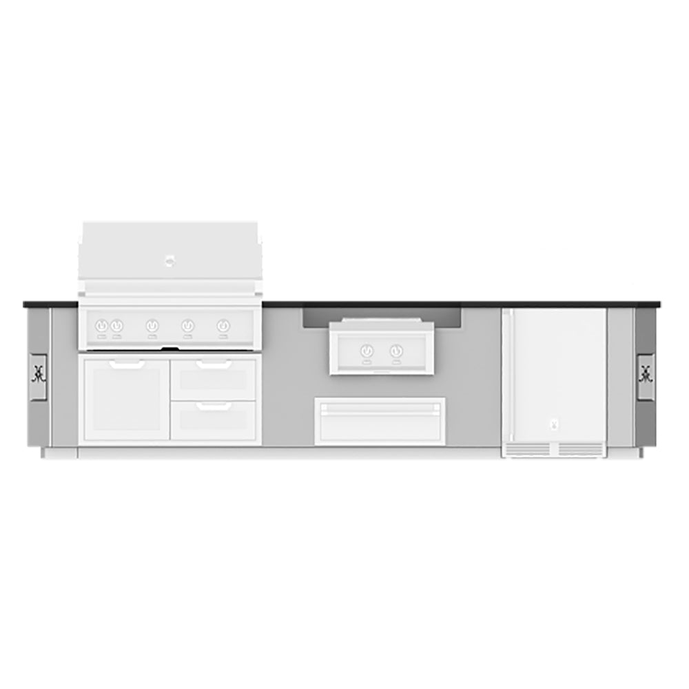 Outdoor grill island suite with white cabinet doors and stainless burner hood