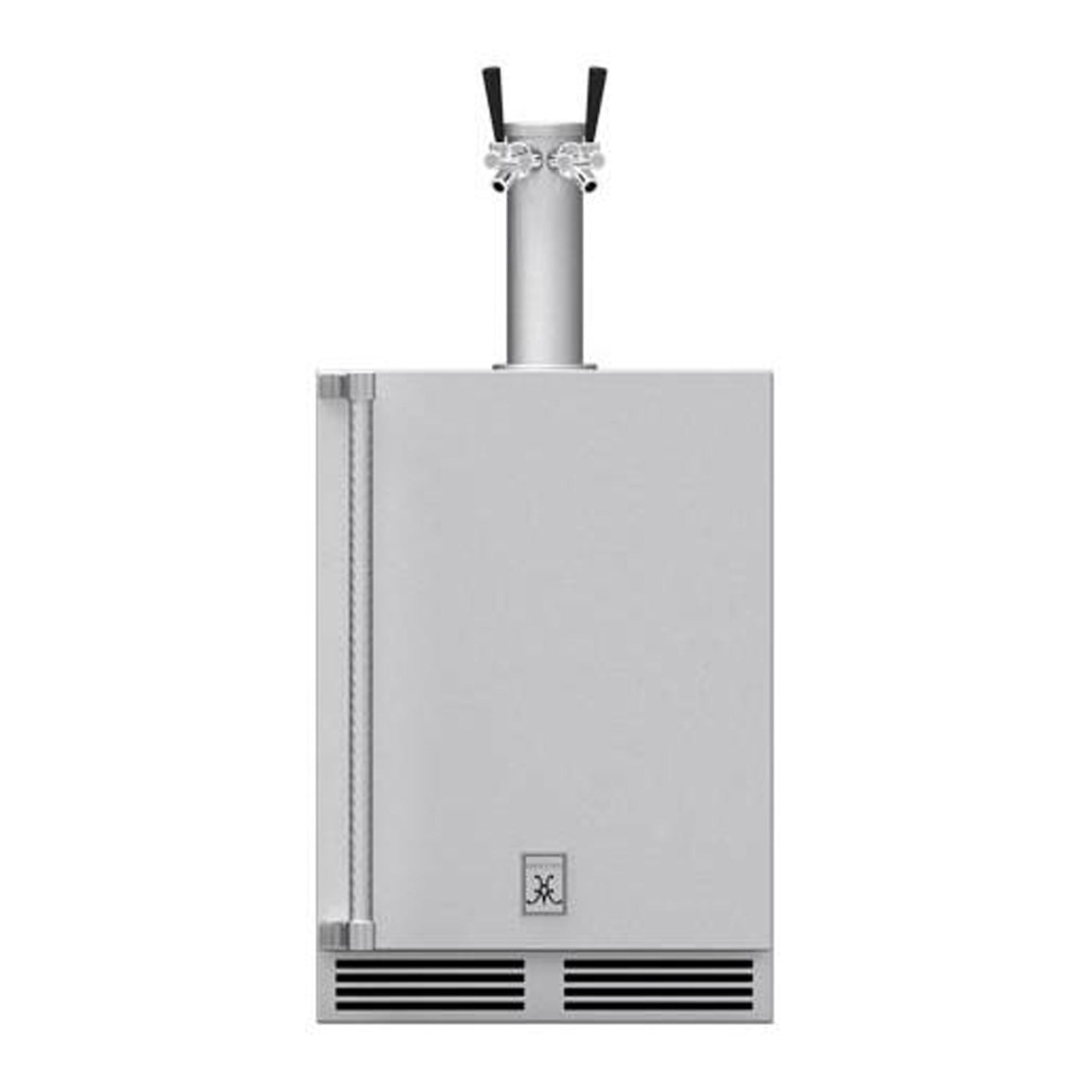 Outdoor beer dispenser with double faucets and solid door, stainless steel finish