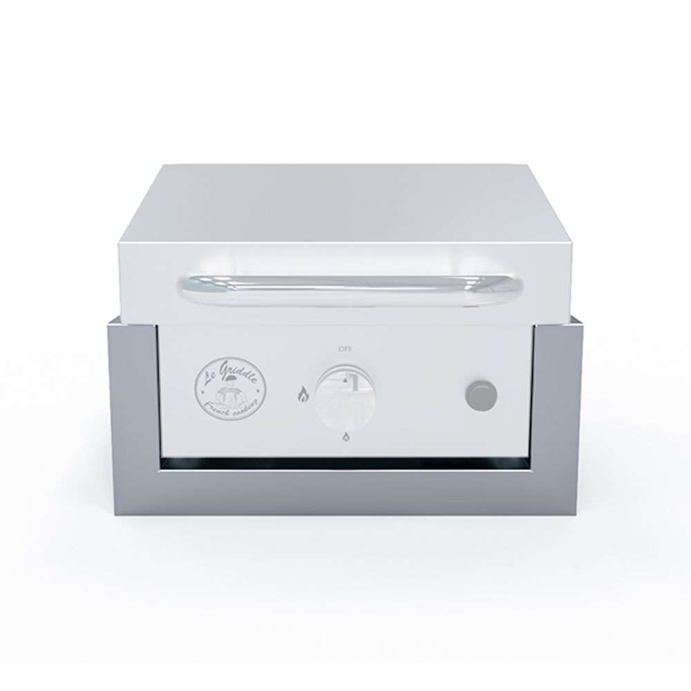 Gray metal griddle liner insert with front panel and control knobs