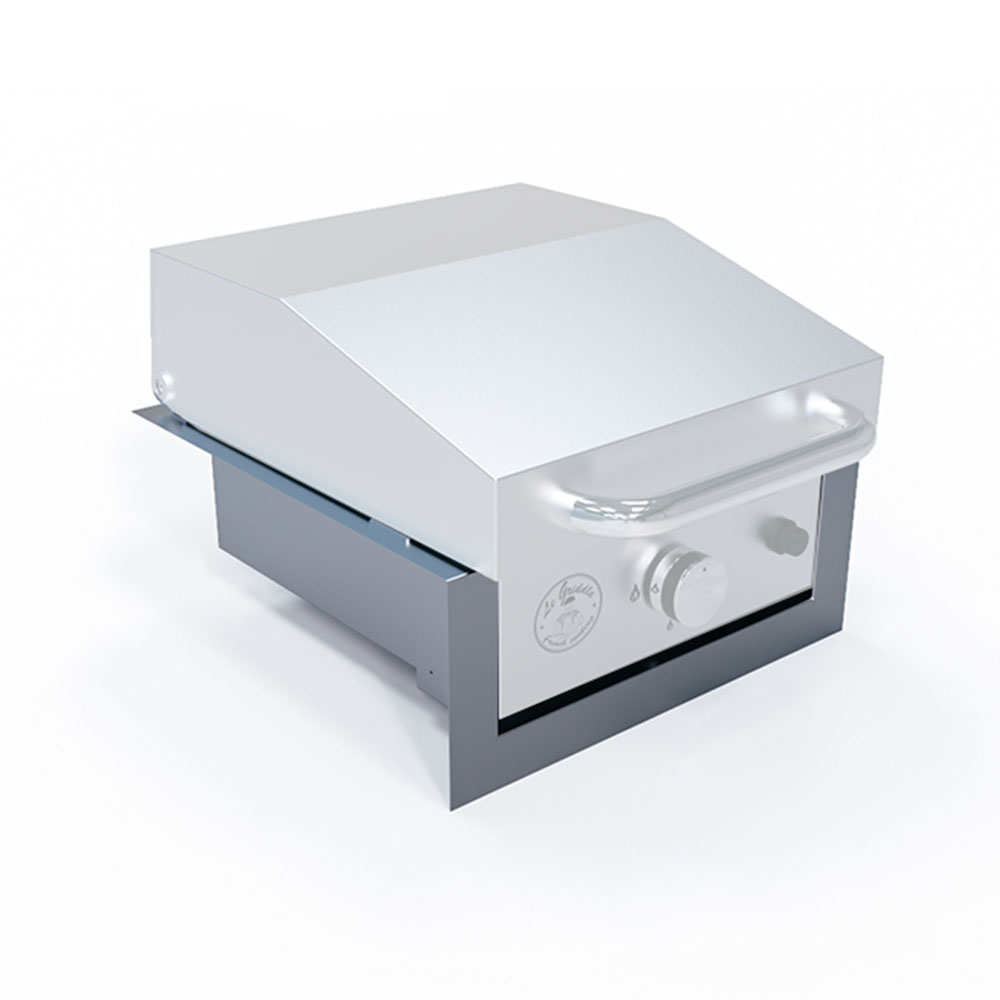 Gray metal griddle liner insert angled view with front opening