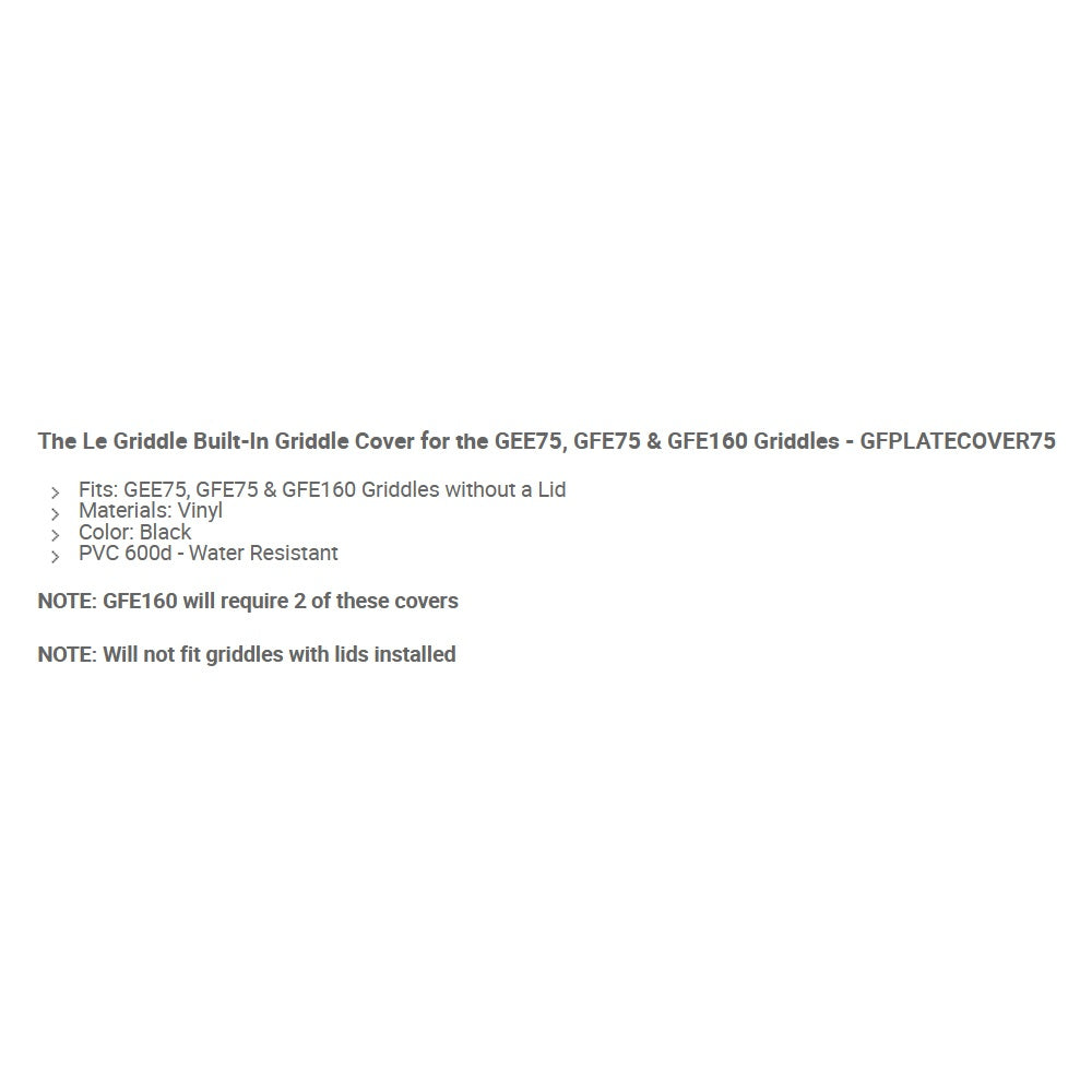 Vinyl griddle cover product info text listing models, material PVC, water resistant