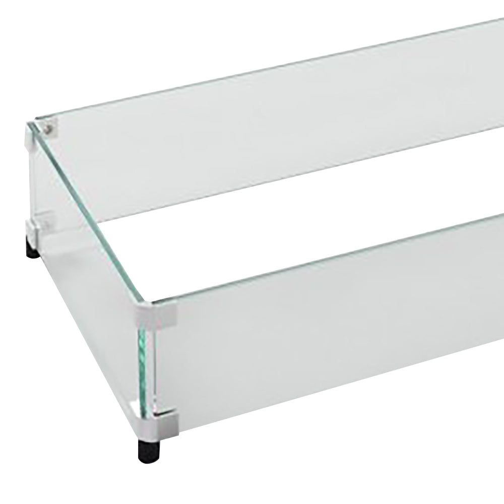 Clear glass fire burner guard with metal corner brackets, straight edge view