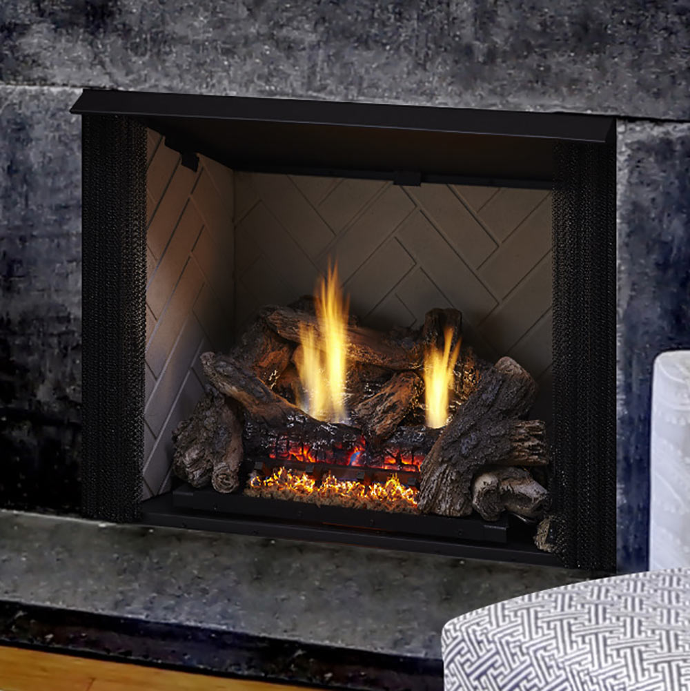 Vent-free gas log set with two tall flames and glowing embers on dark logs