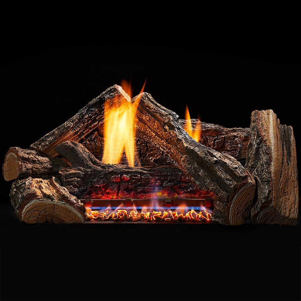 Vent-free gas log set with glowing flames and charred dark brown logs