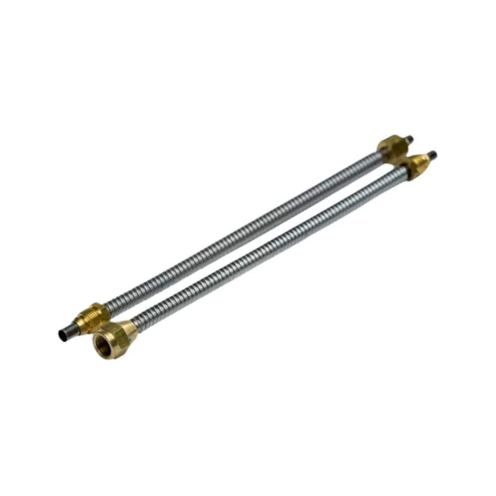 Flexible water supply line with two braided metal hoses and brass fittings