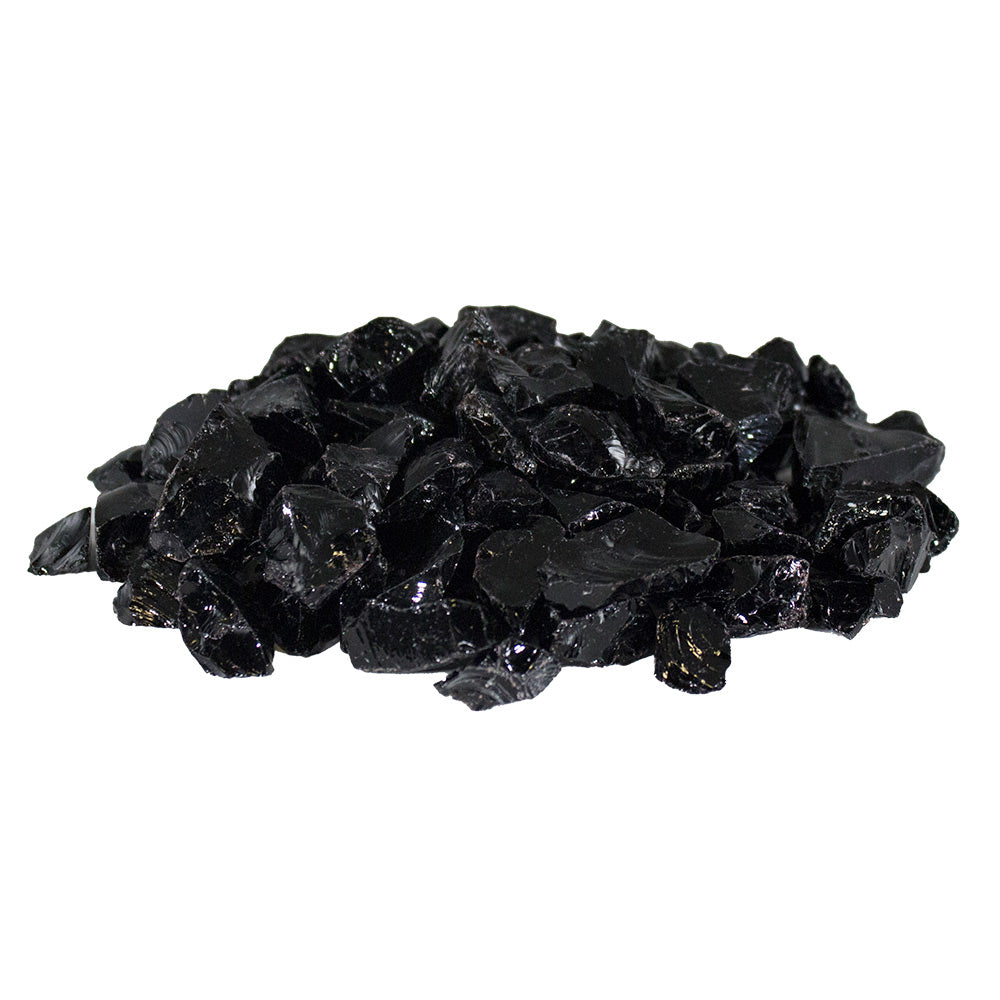 Black broken fire glass stones, 1/2–3/4 inch pieces for fire pits and burners