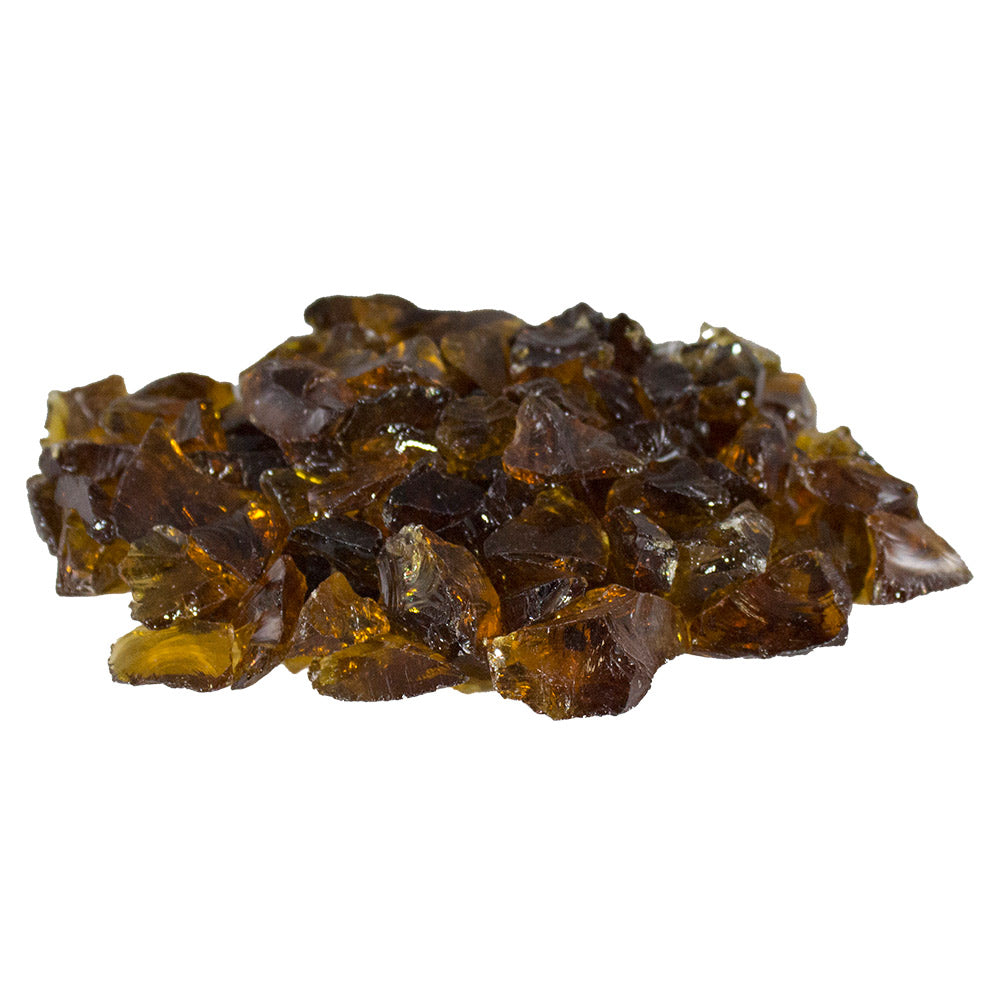 Broken fireglass pieces in cola brown and amber tones, 1/2–3/4 in size.