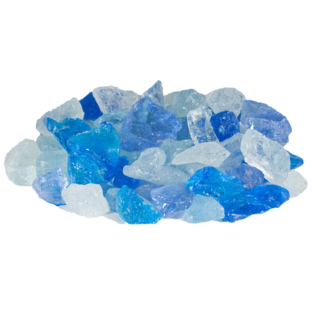 Broken fireglass stones in light blue and clear blend, 1/2–3/4 in pieces
