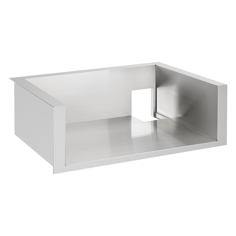 Insulating grill jacket with open-top interior, light gray metal lining and insert panel