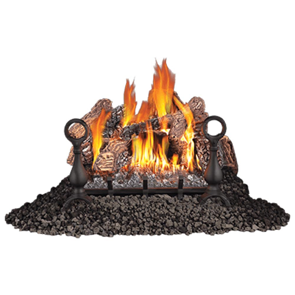 Vented gas log set with glowing flames, dark logs, black burner parts, on lava rocks