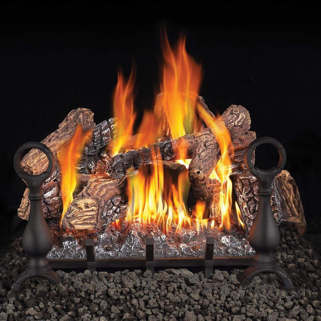 Vented gas log set with multiple flames, dark logs, and black burner columns on lava rocks