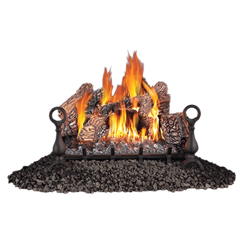 Vented gas log set with burning flames, faux charred logs, ember bed.