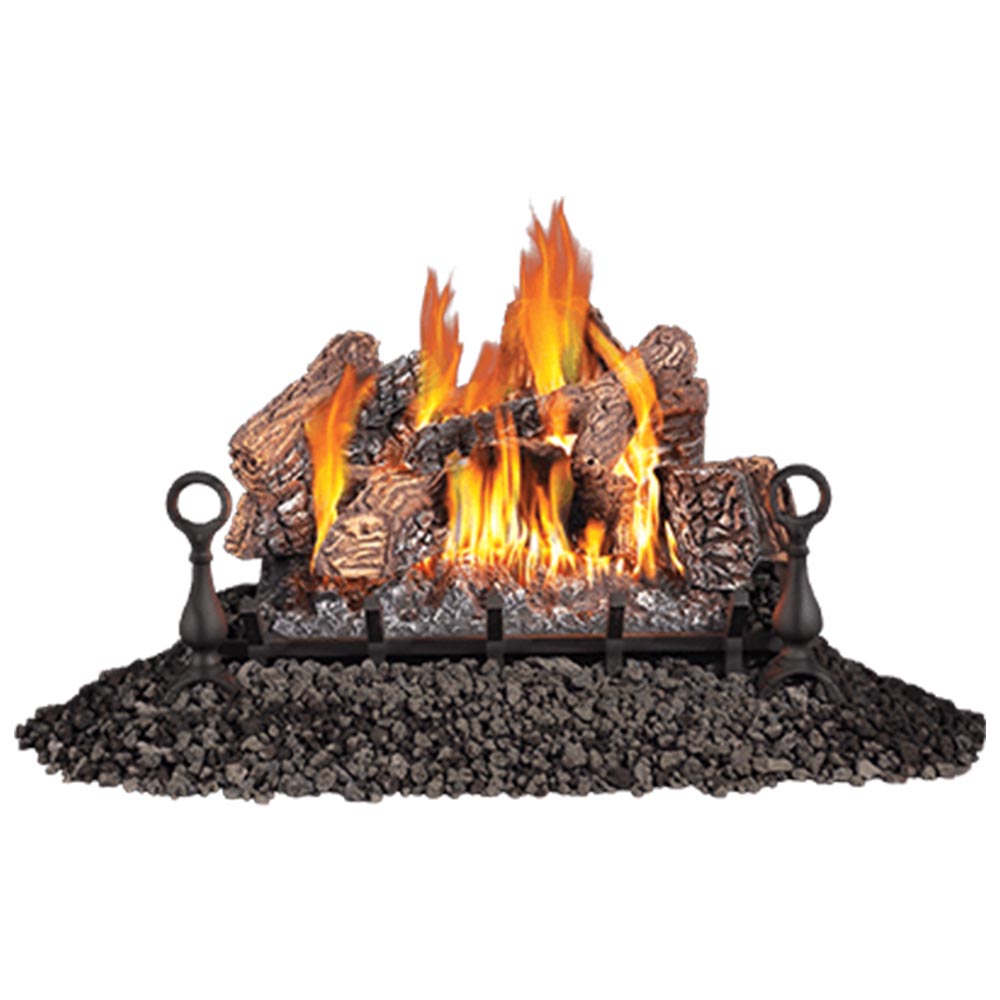 Vented gas log set with burning wood logs and black grate, 30-inch