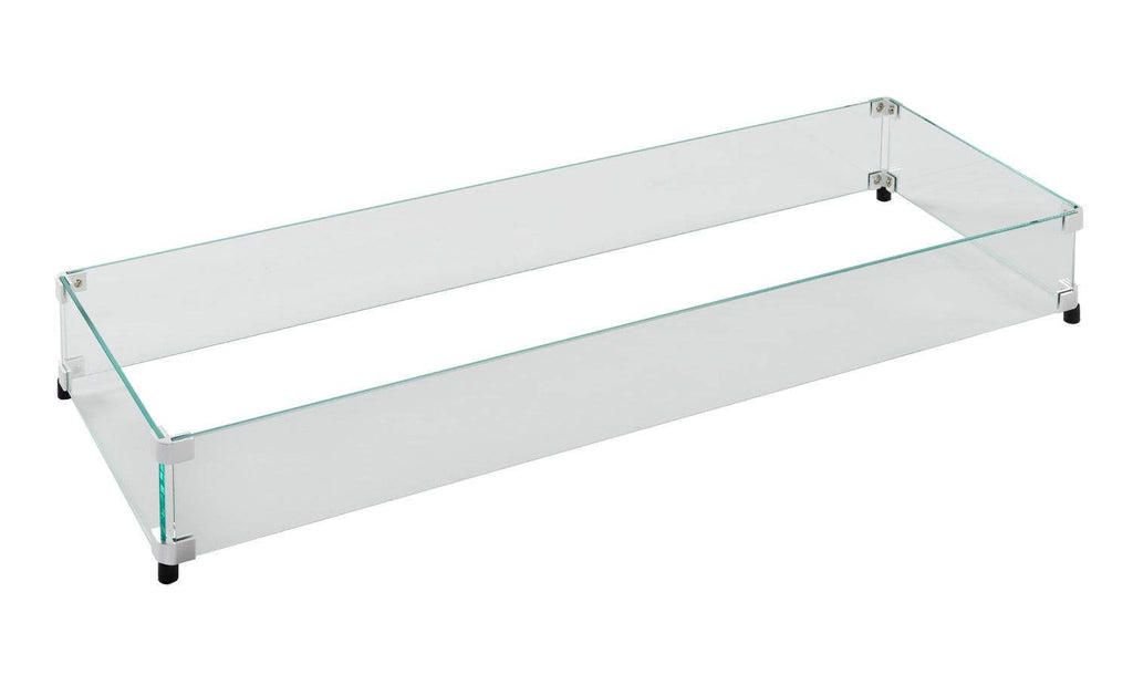 Rectangular glass wind guard with clear panels and metal corners for outdoor fire table