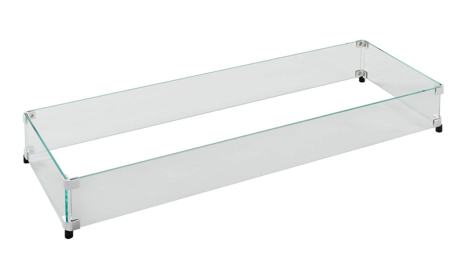 Rectangular glass wind guard with clear panels and metal corners for outdoor fire table