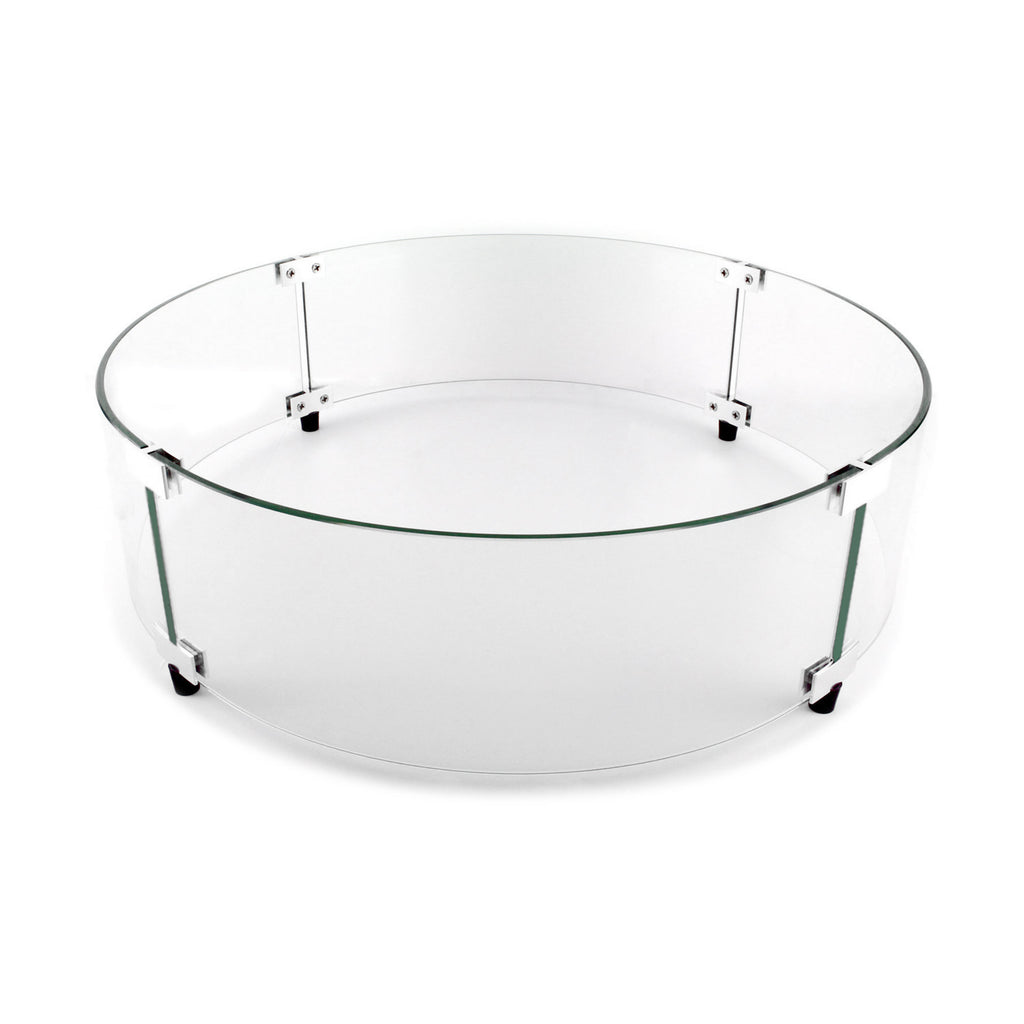 Round clear glass wind guard with metal mounting brackets for outdoor fire burner