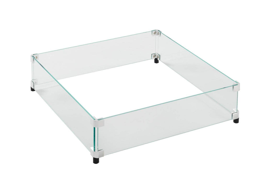 Square glass wind guard with clear panels and corner posts for outdoor fire burner