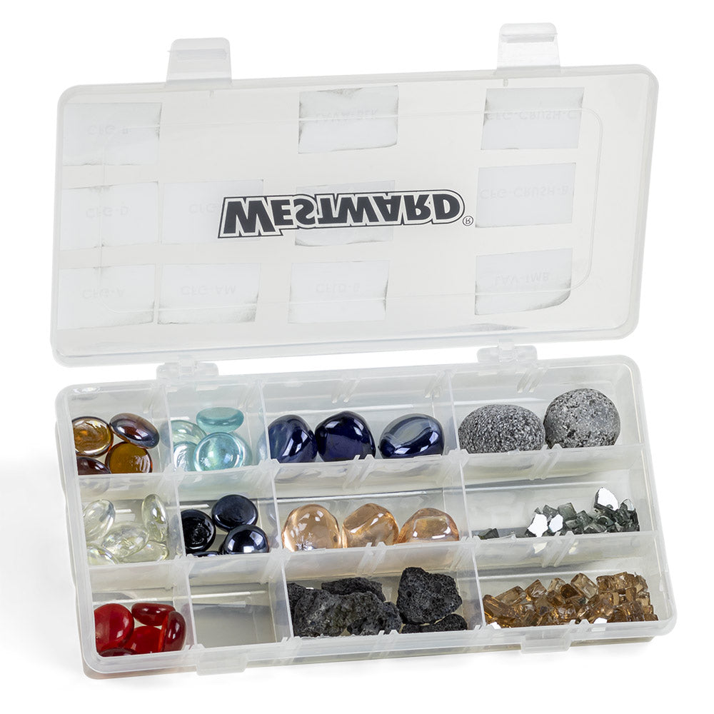 Fire glass and lava rock sample box with mixed clear, blue, red glass beads and dark rocks
