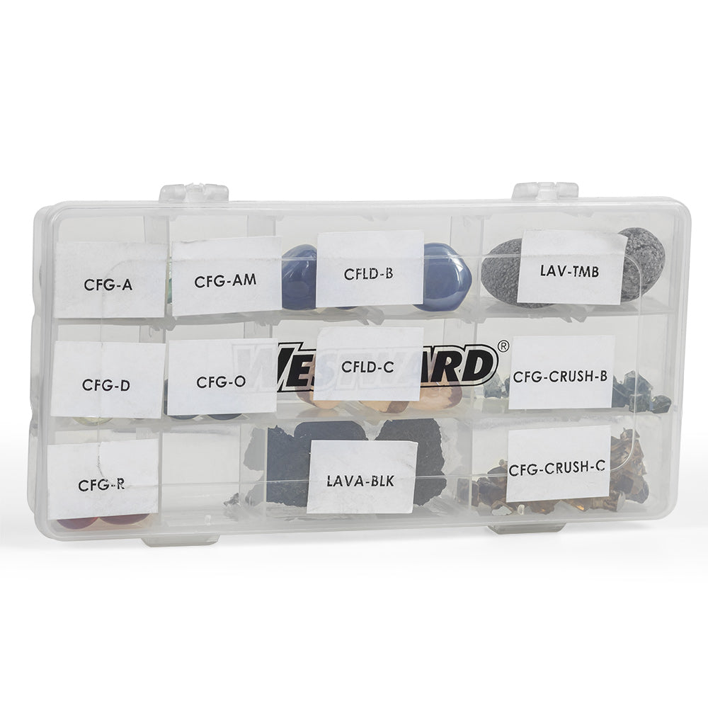 Fire glass and lava rock sample box with labeled compartments of glass pieces and lava rock