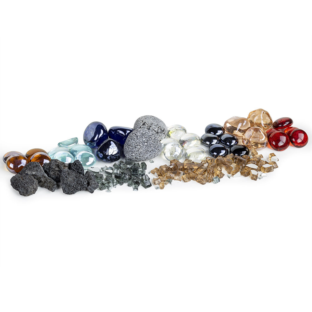 Mixed fire glass and lava rock assortment with dark lava, blue and amber glass, plus red accents