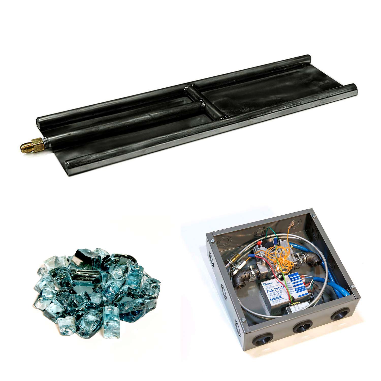 Indoor glass burner set with teal glass media and electronic control box