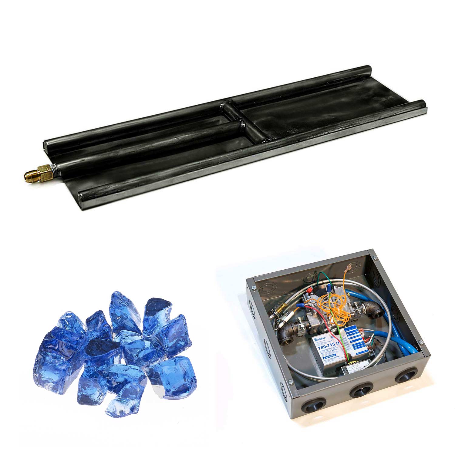 Indoor glass burner kit with black burner base, blue glass media, internal components in box