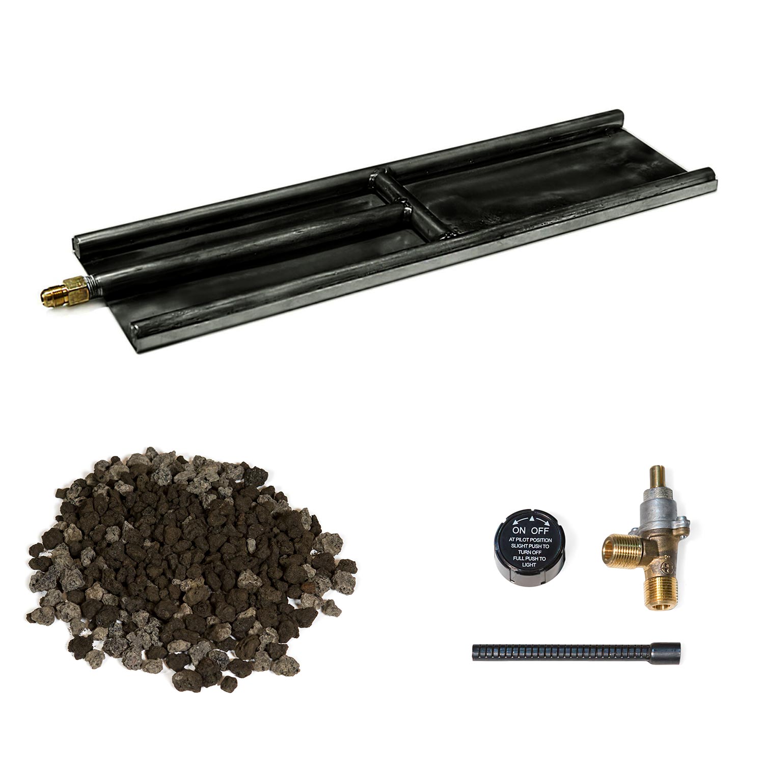 Indoor glass burner kit with black tray, lava granules, on/off switch and brass valve parts