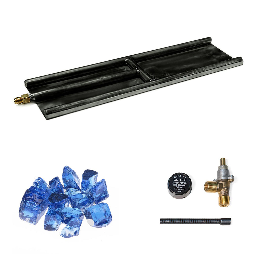 Indoor glass burner set with blue glass media, on/off switch, and brass valve