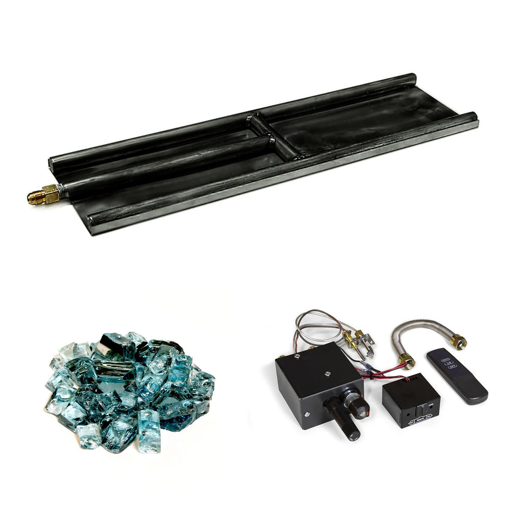 Indoor glass burner set with teal glass media and electronic control modules