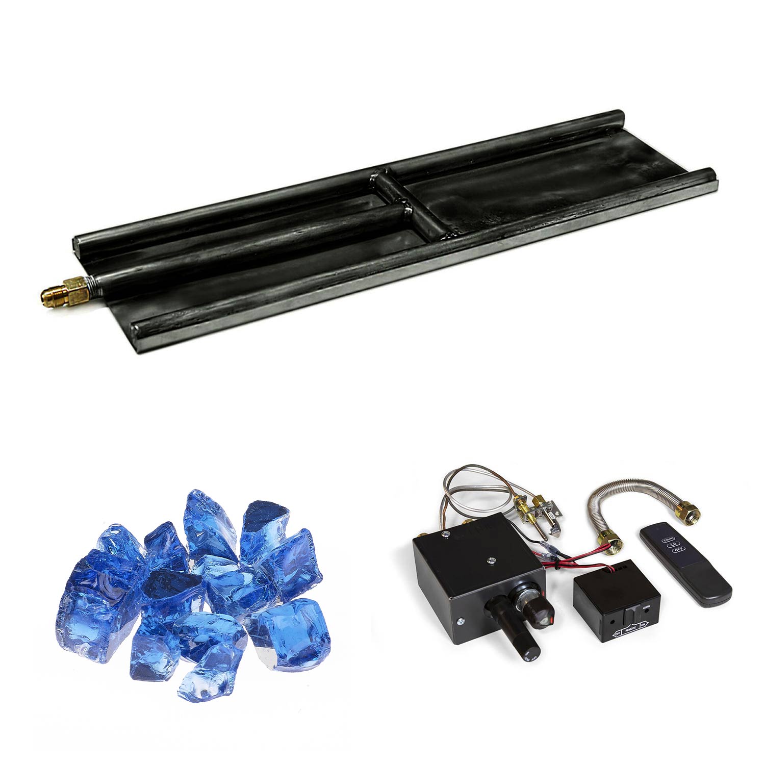 Indoor glass burner kit with black burner base, blue glass media, control box and cables