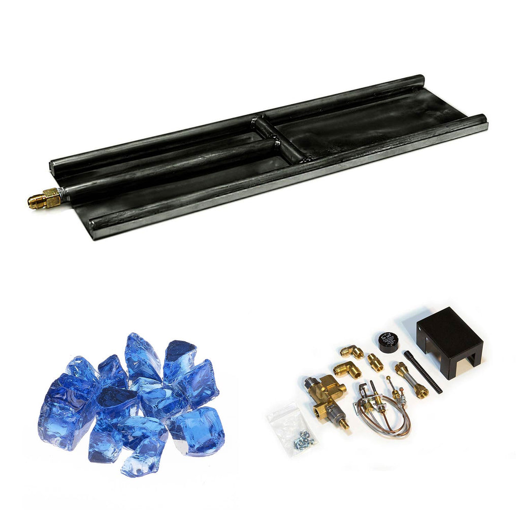 Indoor glass burner with black firebox, blue glass media and brass connector