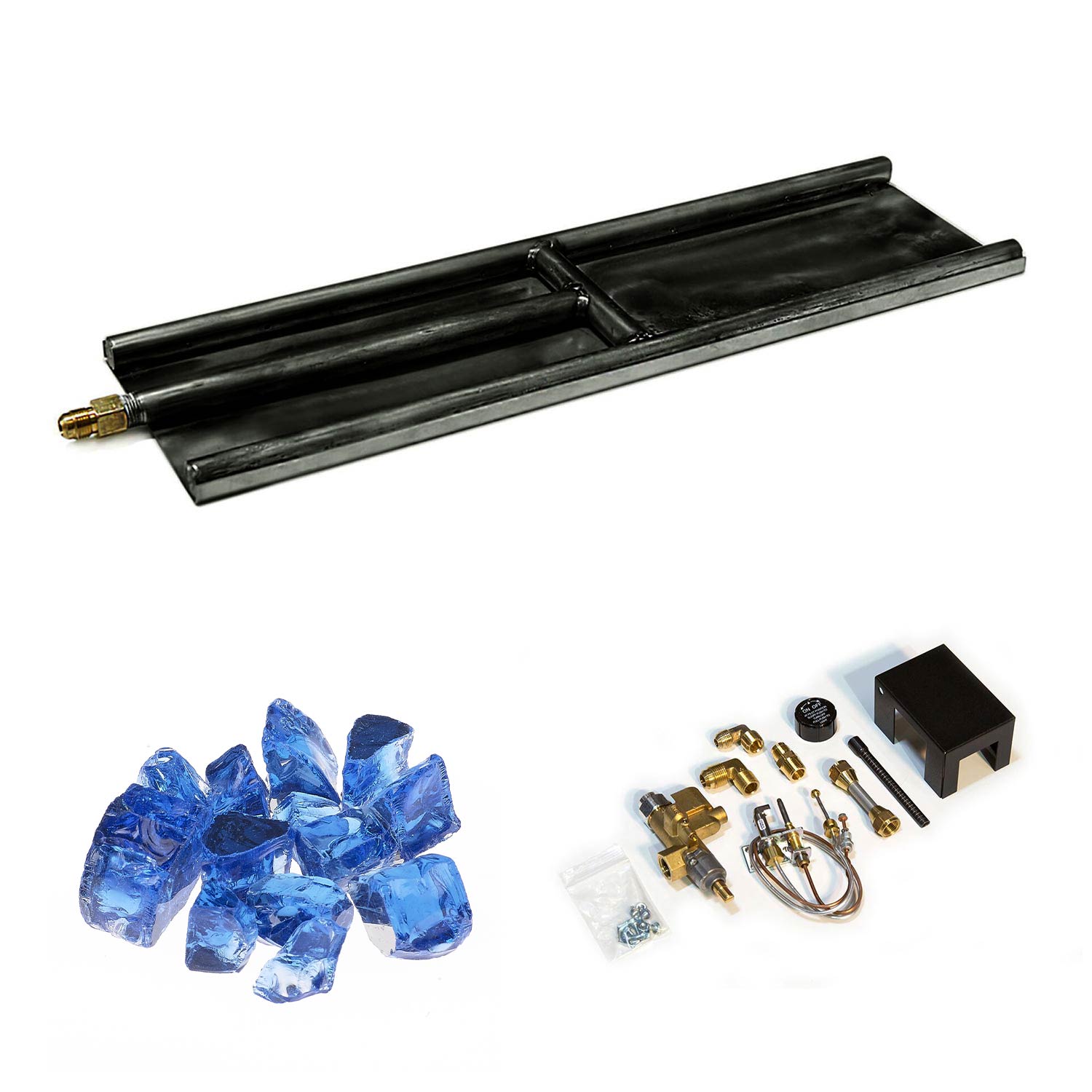 Indoor glass burner with black firebox, blue glass media and brass connector
