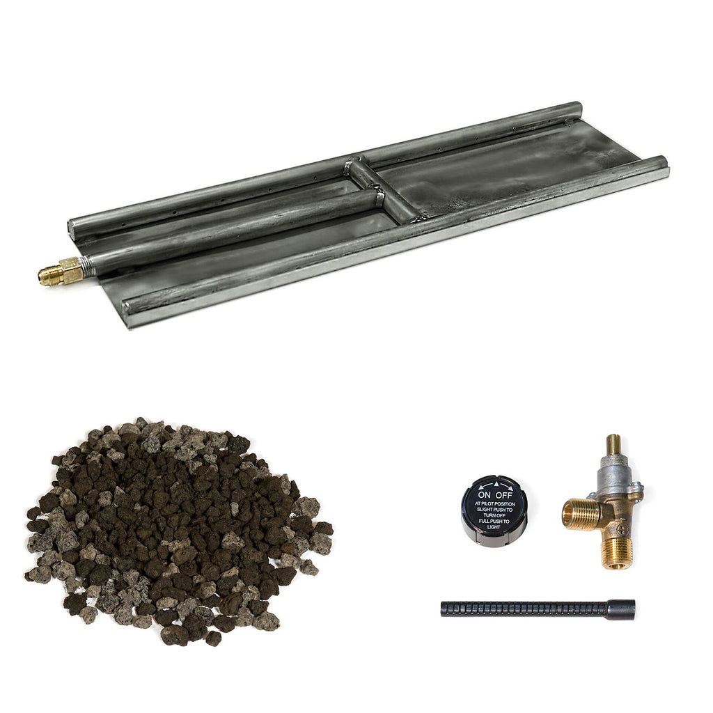 Stainless steel H-style glass burner with dark lava granules, ON/OFF knob, brass valve and hose