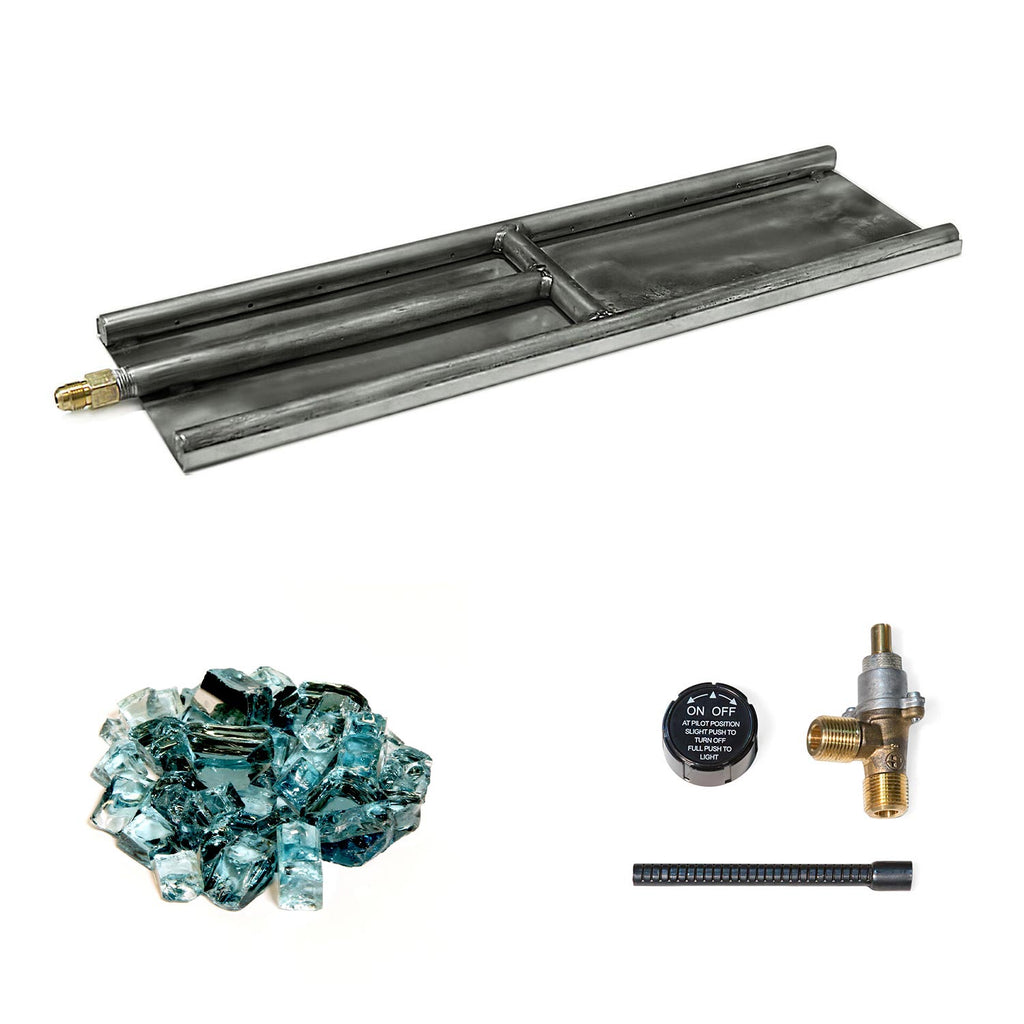 H-style glass burner with stainless tray, brass valve and on/off knob, black ignition rod, teal glass media