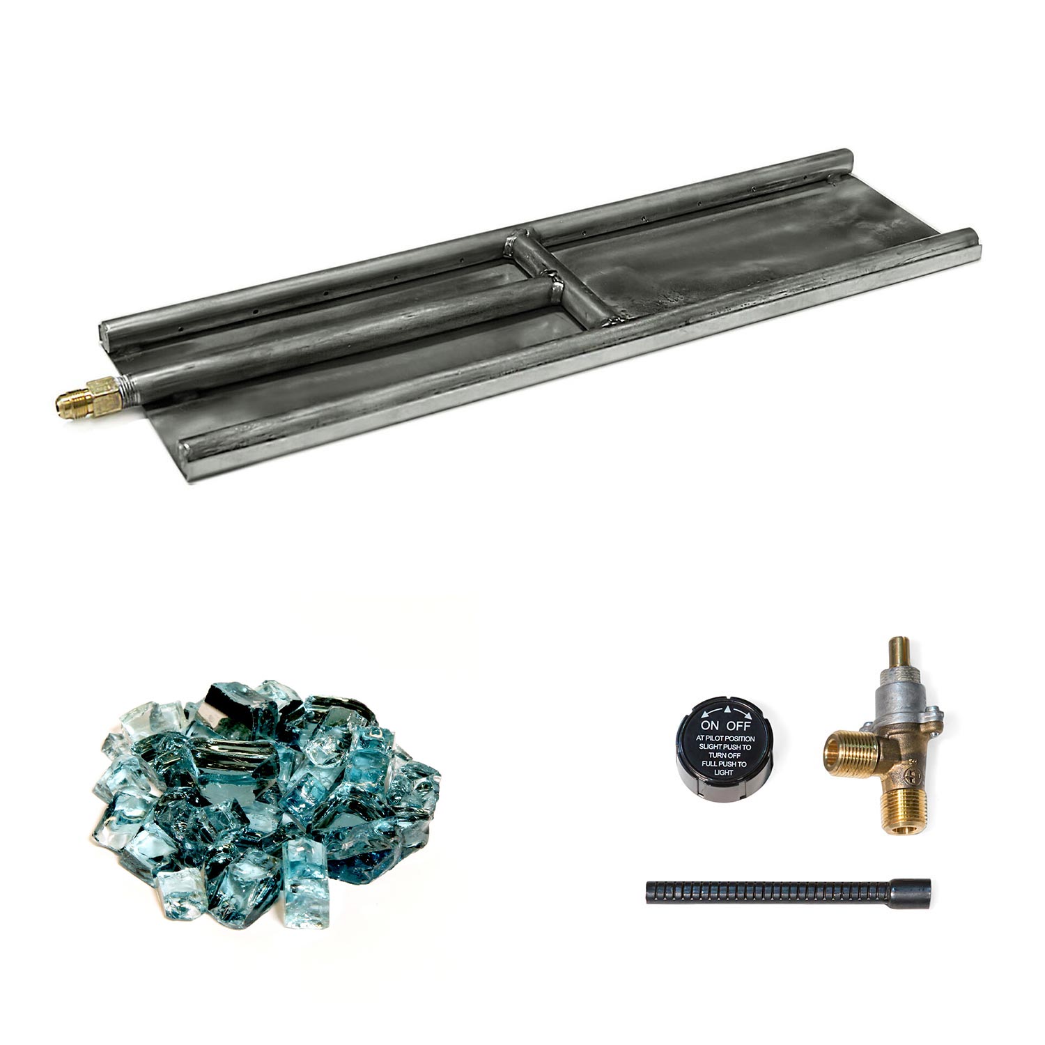 H-style glass burner with stainless tray, brass valve and on/off knob, black ignition rod, teal glass media