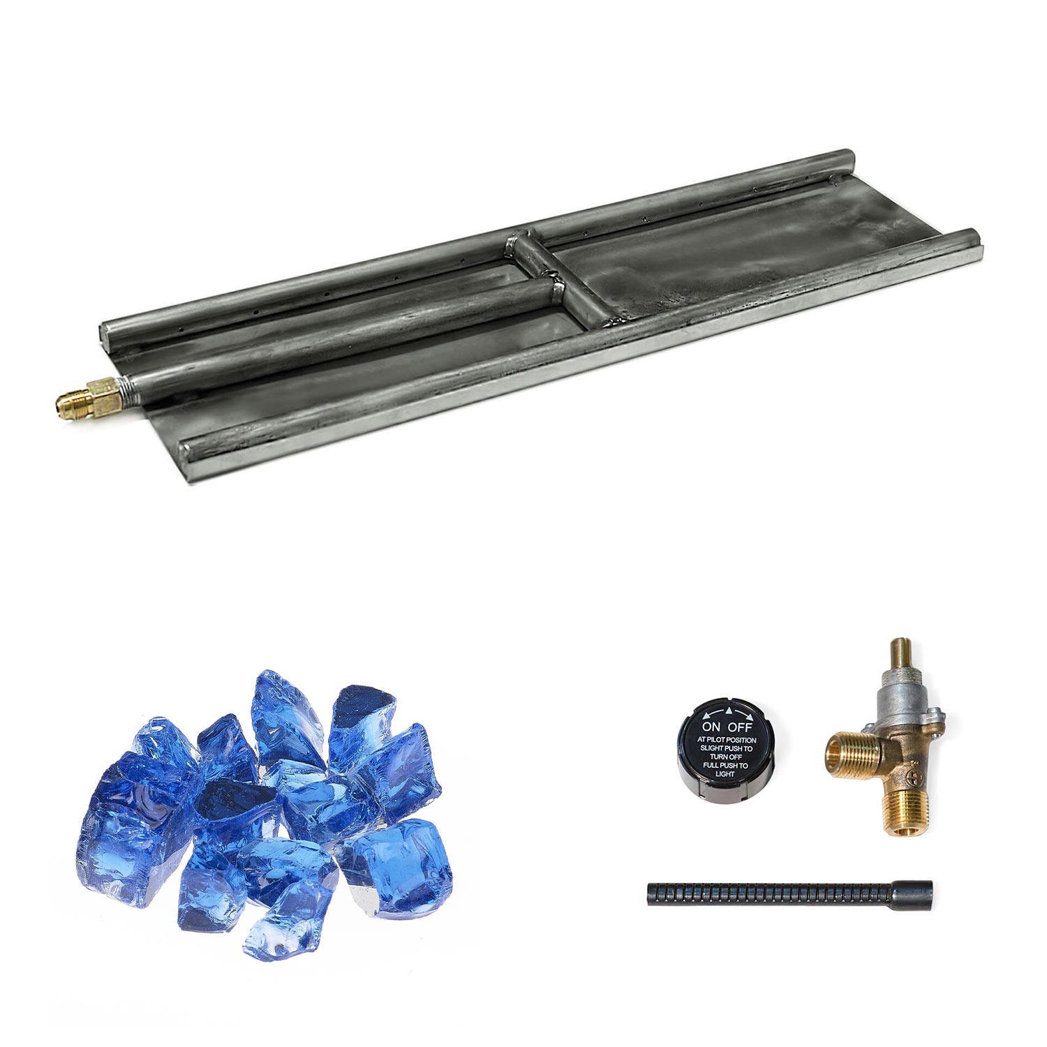 Stainless steel H-style glass burner with blue glass media, on/off dial, and brass valve