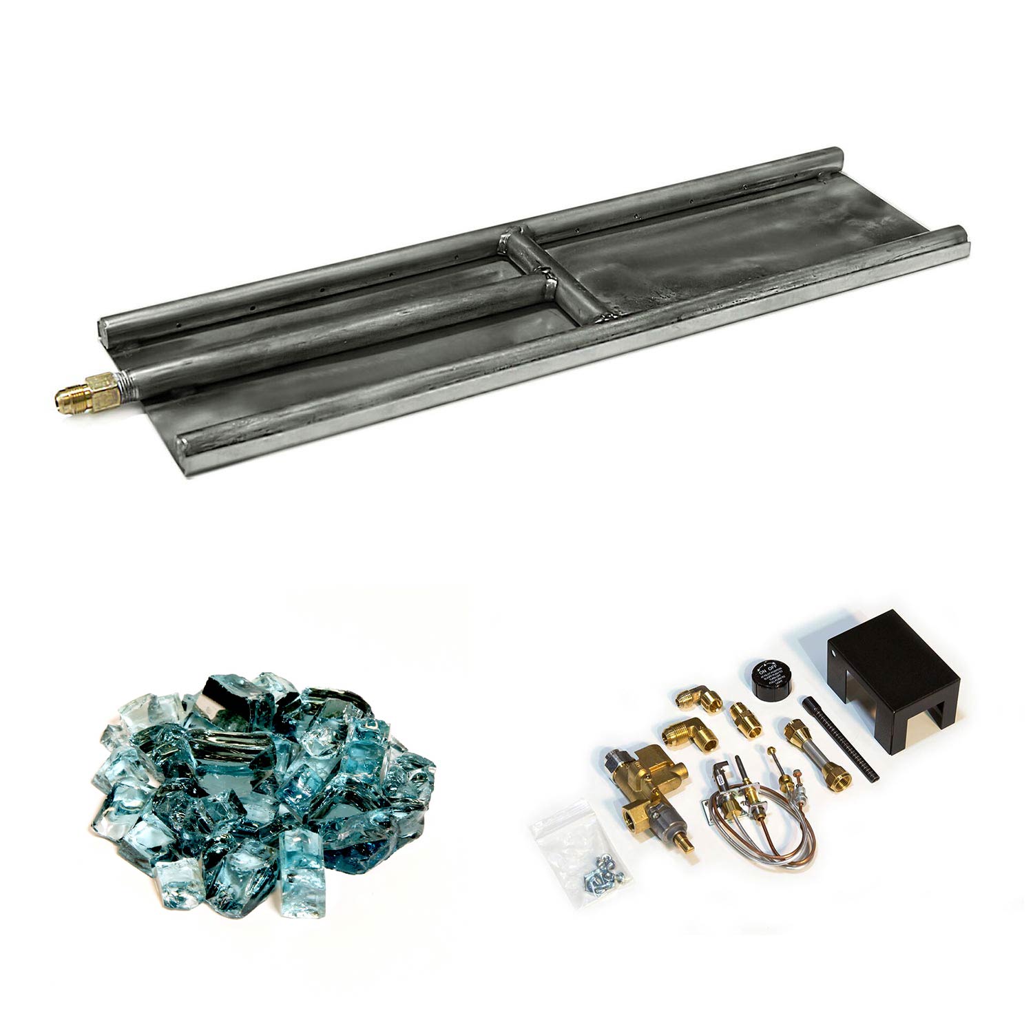 Stainless steel H-style glass burner with teal glass media and brass fittings
