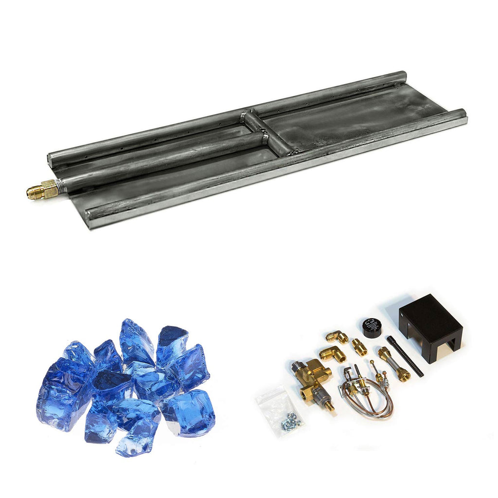 Stainless steel H-style glass burner with blue glass media and brass hardware kit