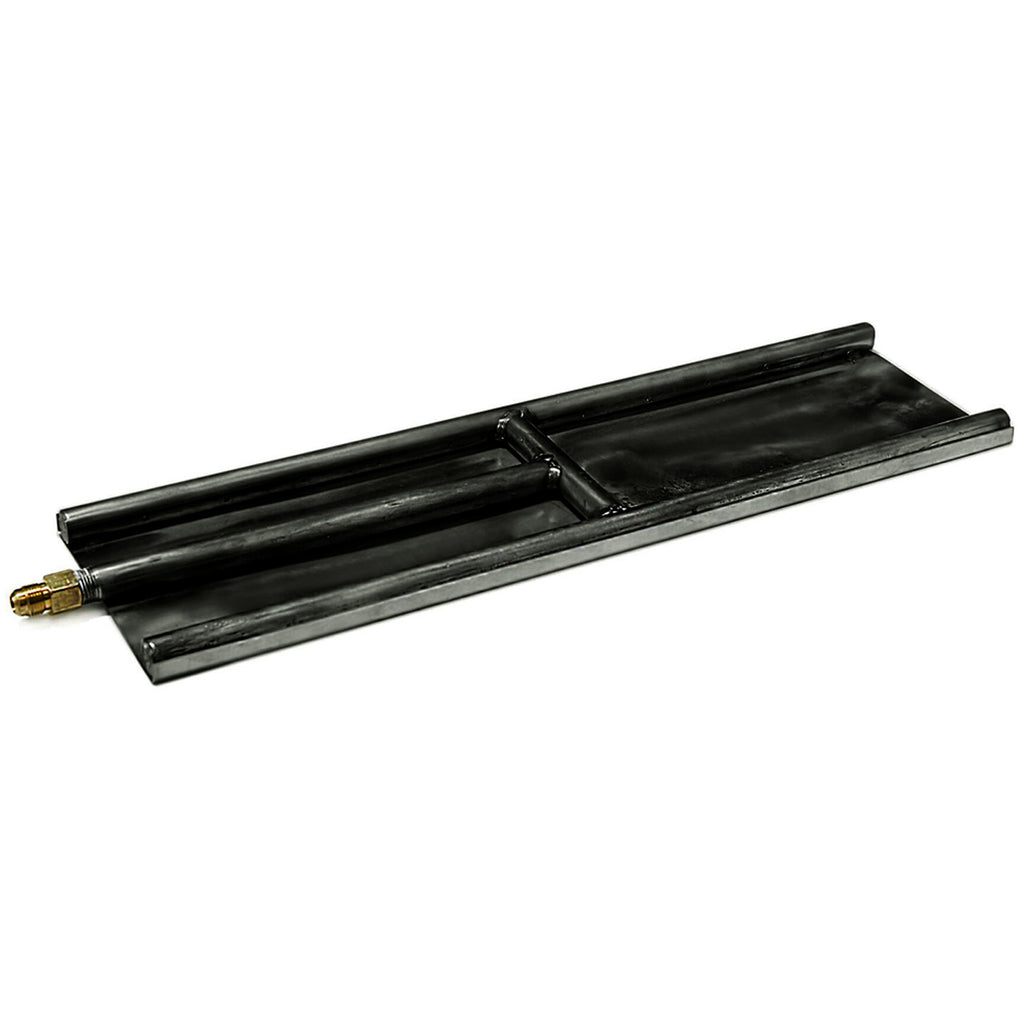 Glass gas burner with black metal base and brass gas fittings