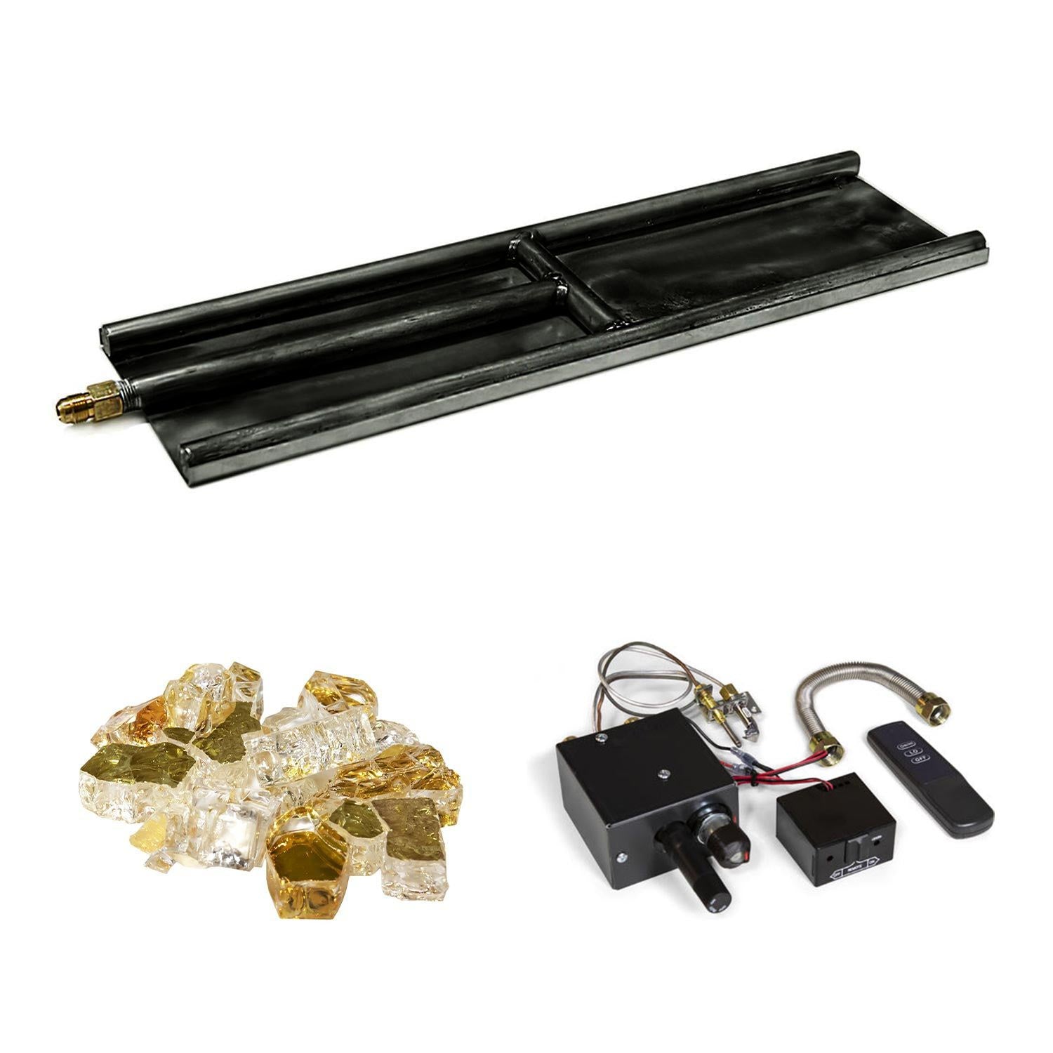 Black glass burner tray with glass media pieces and control components