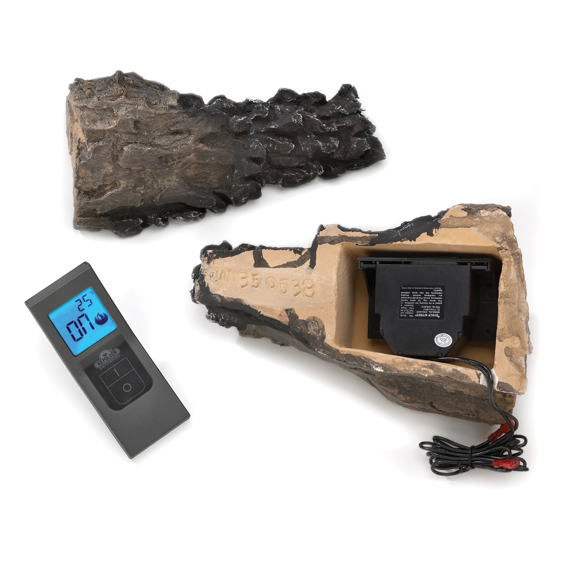 Remote control with faux stone wall housing, black receiver module and wires
