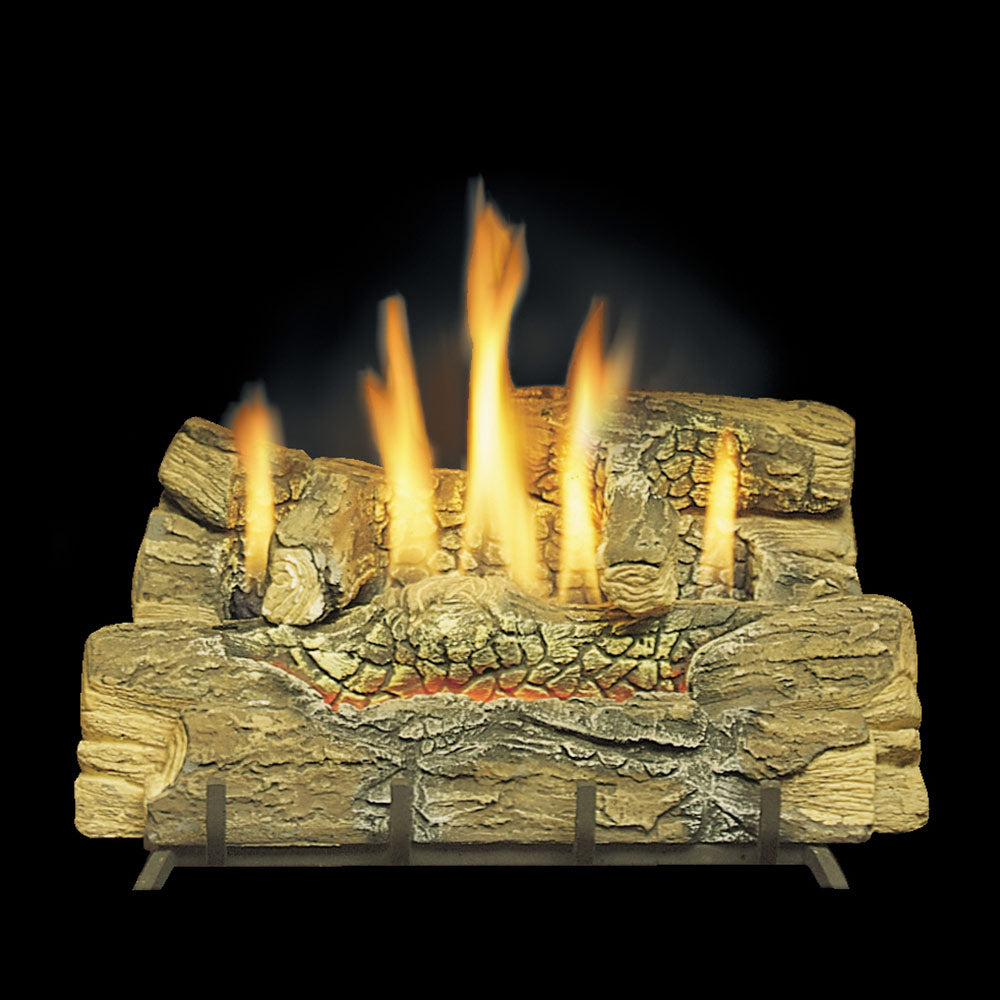 Realistic split oak gas log set with several flames rising from faux logs
